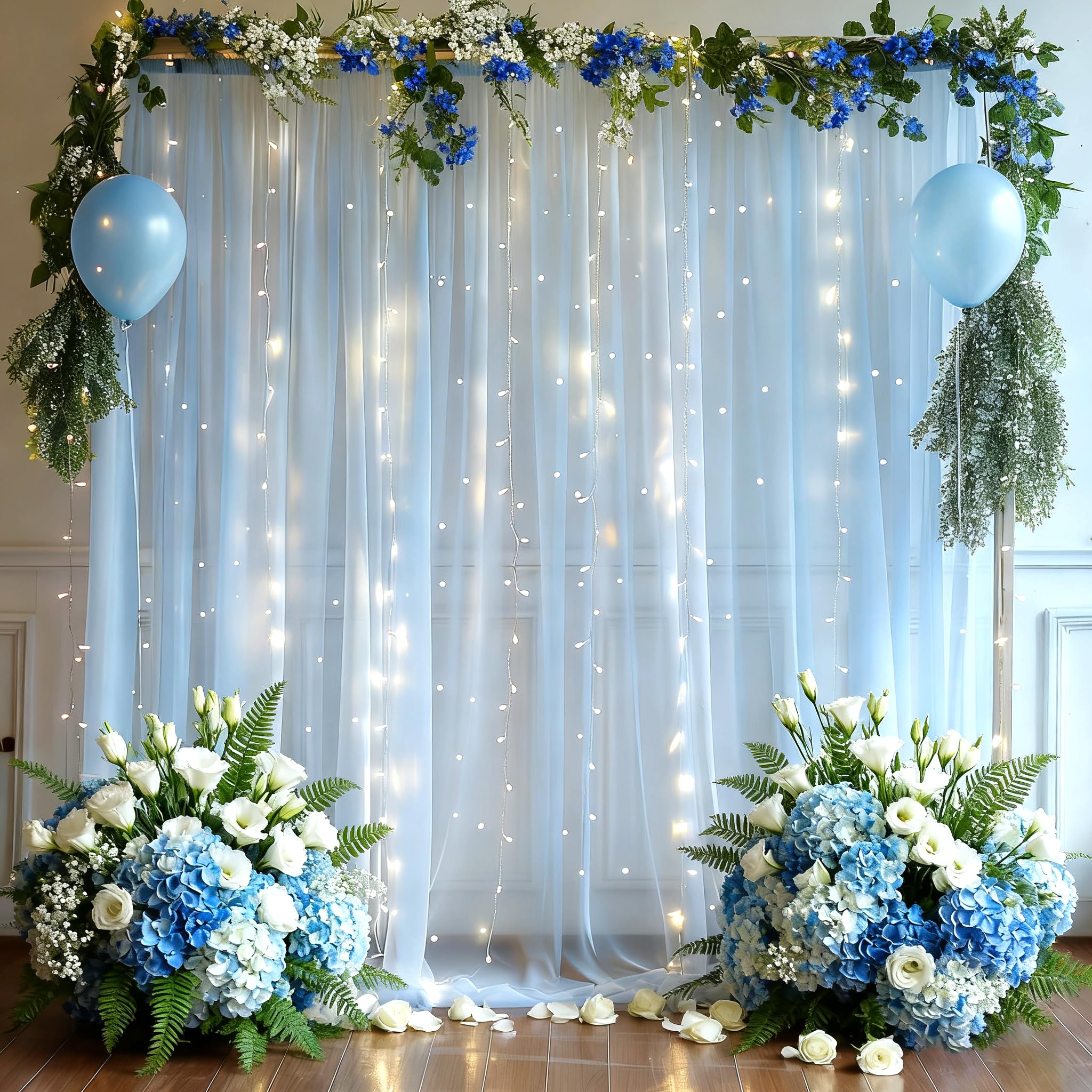 Photo 1 of 10x8ft Baby Blue Tulle Backdrop Curtain with Lights String for Parites, Sheer Backdrop Curtains for Wedding Baby Shower Birthday Party Photo Shoot Decorations