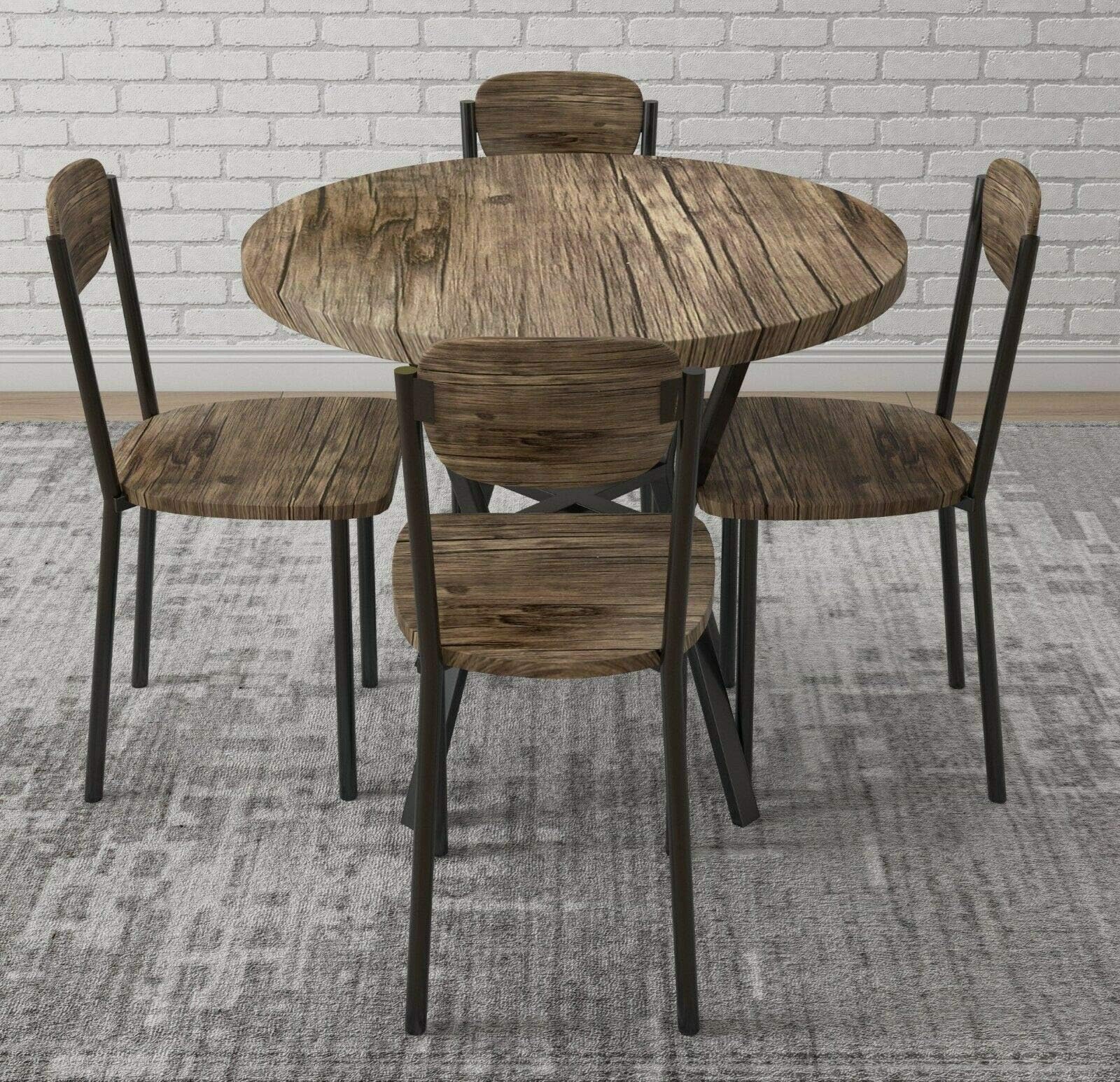 Dreembeds CASPER Bistro Style Round Dark Oak Colour Black Metal Dining Table 4 Chairs Set