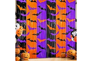 SIAWOY Halloween Party Decorations, 2 Pack Halloween Foil Fringe Curtains 3.3 X 6.6 ft, Orange Purple Black Bat Pattern Halloween Party Backdrop Photo Booth Props Streamers Halloween Birthday Party Supplies