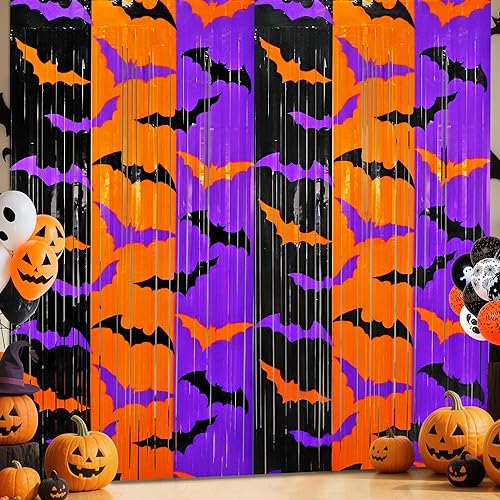 Halloween Party Decorations, 2 Pack Halloween Foil Fringe Curtains 3.3 X 6.6 ft, Orange Purple Black Bat Pattern Halloween Party Backdrop Photo Booth Props Streamers Halloween Birthday Party Supplies