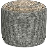 SIMPLIHOME Serena Contemporary Round Braided Pouf in Dove Grey Cotton for the Living Room, Bedroom and Kids Room