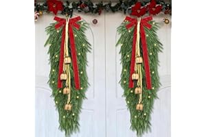 Fovths 2 Pieces 35.5" Christmas Teardrop Swag for Front Door with Red Bowknot and Lights Artificial Norfork Pine Needles Greenery Swags Wreaths for Christmas Indoor Outdoor Decorations