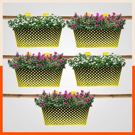 Patio by Bathla - Dia Hanging Metal Pot Holders/Planters for Balcony/Garden |Corrosion Resistant with Detachable Double Hooks |Yellow - Set of 5