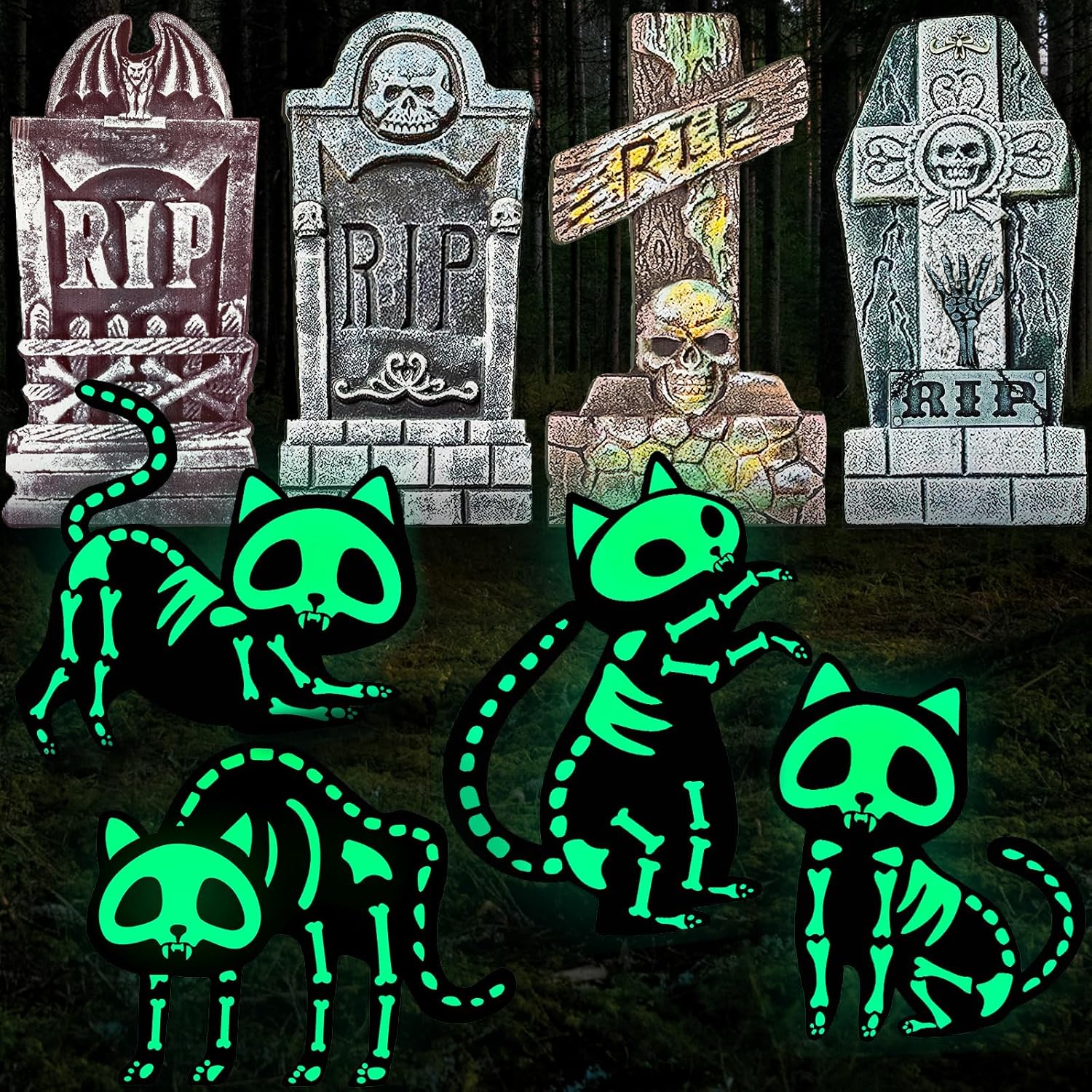 Yard Signs - Halloween Decor Outdoor, 8 Pack Tombstone & Glow in The Dark Cat Yard Decorations, Waterproof RIP Gravestone with Stakes, Scary Outdoor Halloween Decorations for Cemetery Yard Lawn Garden