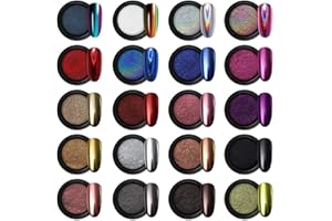 Artdone 20 Jars Chrome Nail Powder Set Metallic Mirror Effect Holographic Aurora Chameleon Pigment 1g/Jar for Nail Art Glitters Gel Polish Supply Mermaid Unicorn Kit
