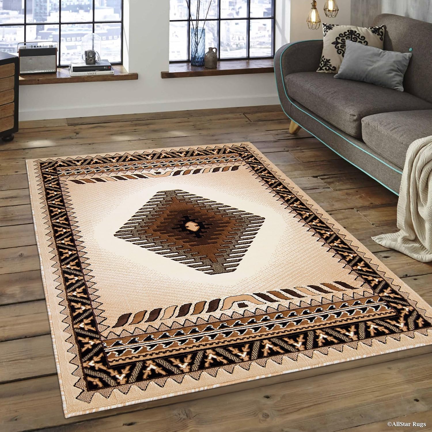 Allstar 8x10 Ivory and Beige Classic Navajo Machine Carved Effect Rectangular Accent Rug with Mocha and Espresso Southwestern Geometric Bordered Medallion Design (7' 9
