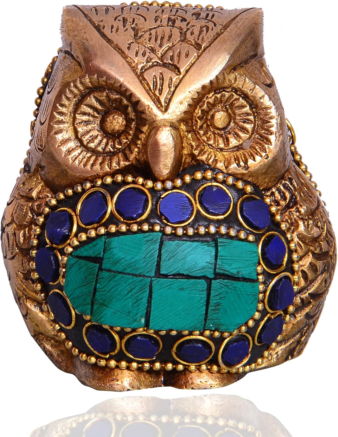 Purpledip Brass Statue 'Mighty Owl': Decorative Showpiece with Beads and Colourful Gemstones (10530), Gold, Standard - Image 3