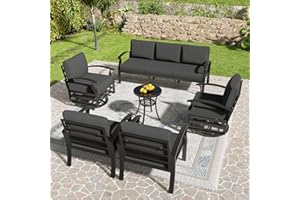 Kullavik Aluminum Patio Furniture Set,6 Pieces 7 Seat Metal Outdoor Furniture Conversation Set w/Swivel Chairs,Deep Black