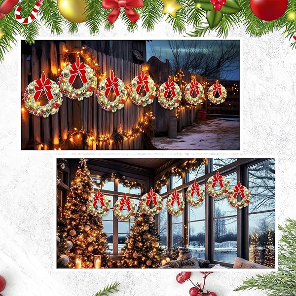 CEENNA 8 PCS LIGHTED CHRISTMAS WREATH 14 INCH PRE LIT ARTIFICIAL CHRISTMAS WREATH WITH BATTERY OPERATED LED LIGHT AND TIMER FOR XMAS FRONT DOOR OUTDOOR WINDOW HOLIDAY PARTY DECOR(RED BOW)