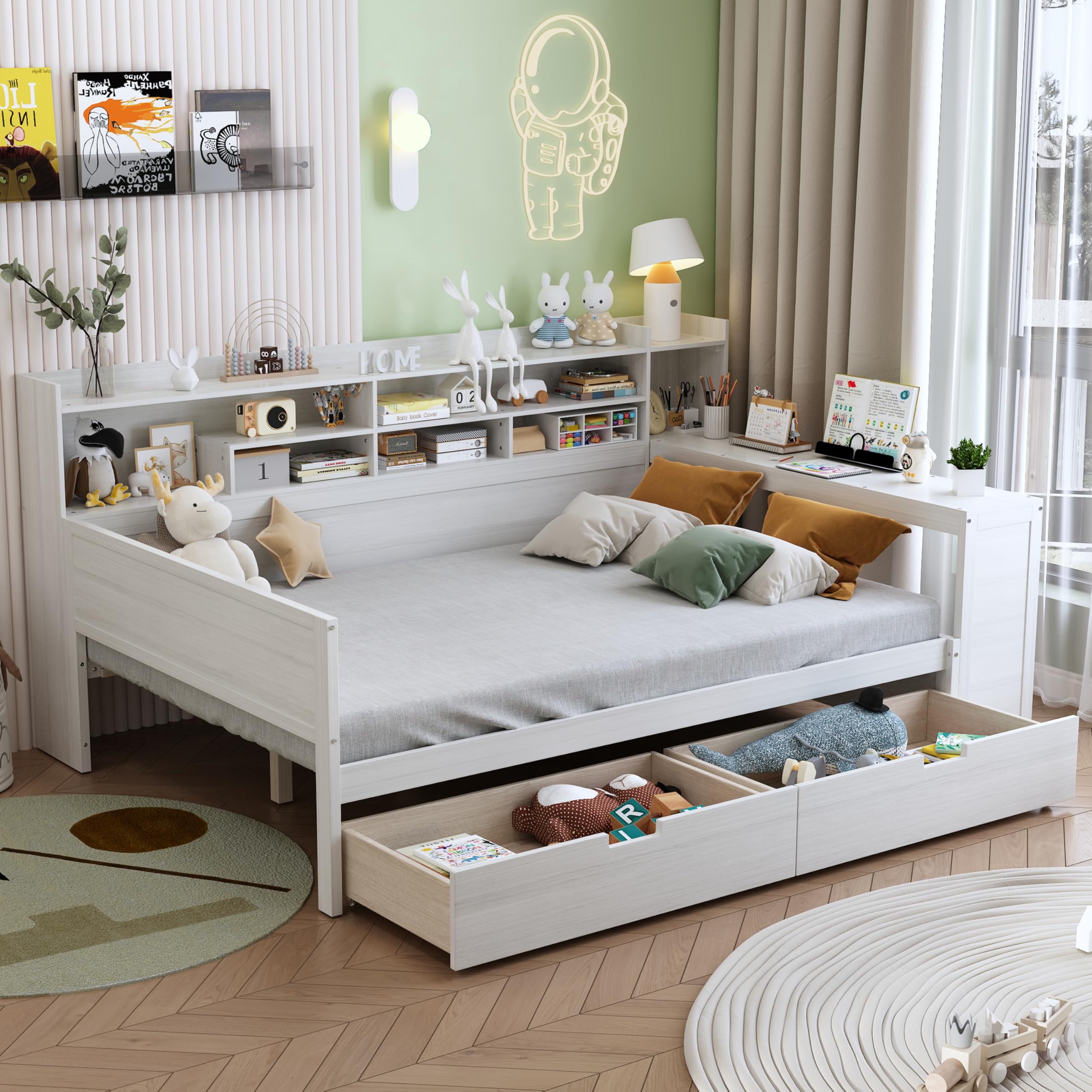 Photo 1 of Ball & Cast Full Size Daybed with Two Storage Drawers,Multi-Functional Bed Frame with Storage Shelves and Desk, Wooden Day Bed with Slats Support,No Box Spring Needed,Antique White