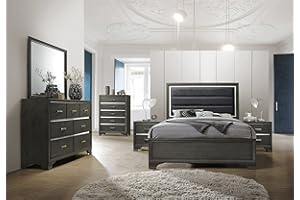 Kings Brand Furniture – 6-Piece Gray Wood with Faux Leather Headboard Queen Bedroom Set. Bed, Dresser, Mirror, Chest, 2 Night Stands
