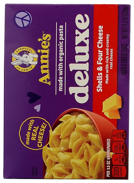 ANNIE’S DELUXE MACARONI AND CHEESE WITH ORGANIC PASTA, SHELLS AND FOUR CHEESE, 11.3 OZ