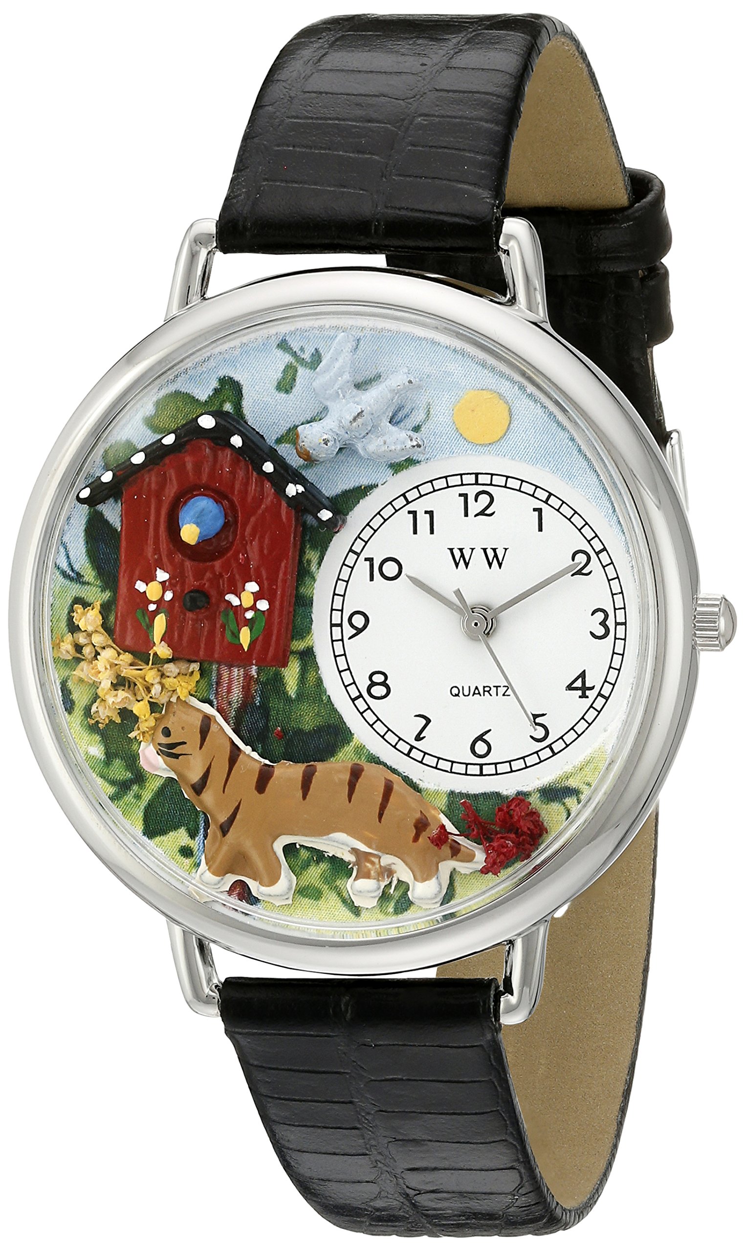 Whimsical Watches Birdhouse Cat Black Skin Leather and Silvertone Unisex Quartz Watch with White Dial Analogue Display and Multicolour Leather Strap U-0120005