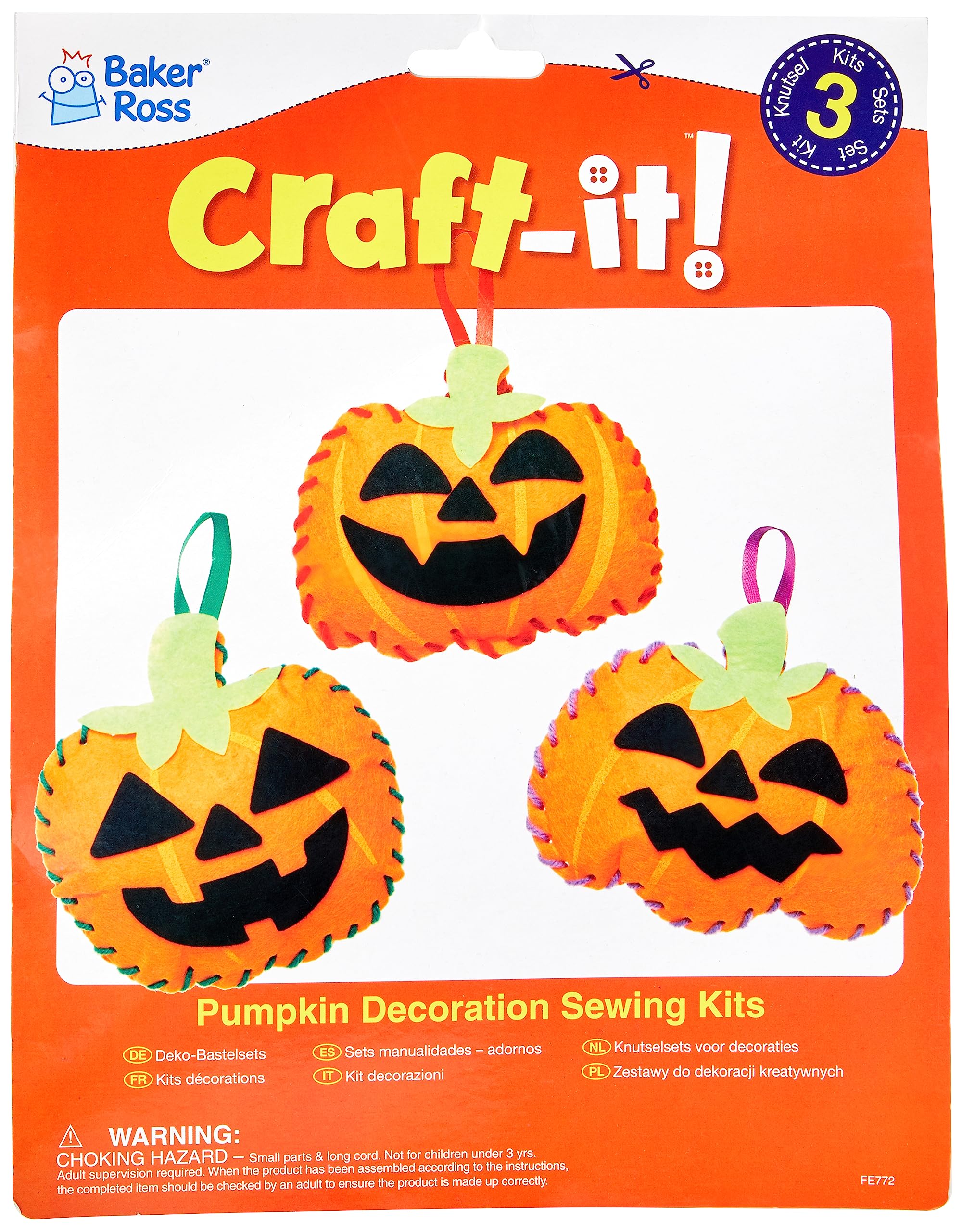 Baker Ross FE772 Pumpkin Decoration Sewing Kits - Pack of 3, Sewing Set for Children, Creative Activities for Kids, Ideal Halloween Arts and Crafts Project, Pumpkin