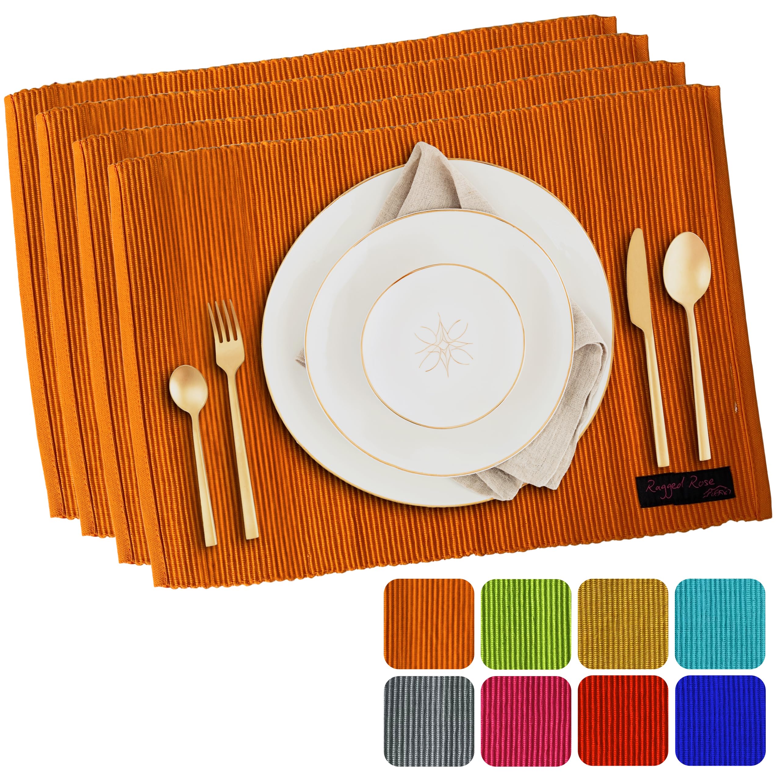 Ragged Rose 27 cm x 37 cm Cotton Placemats - Gift-Wrapped Table Place Mats Set of 4 - Ribbed Cotton Indoor & Outdoor Placemats for Living Room, Dining Table, & Kitchen