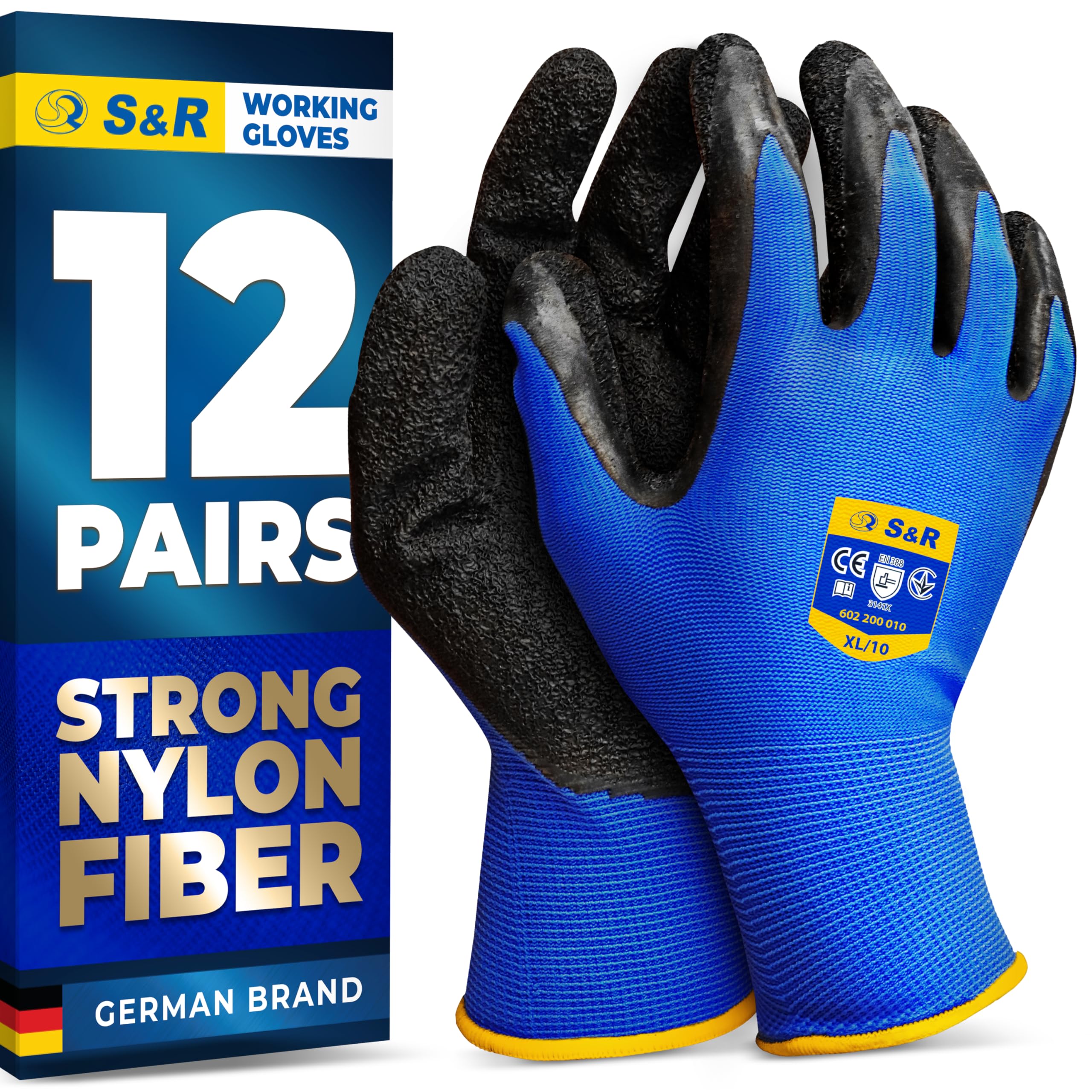 S&R Work Gloves – 12 Pairs, Size XL/10, Latex-Coated Nylon Protective Gloves for Indoor & Outdoor Use