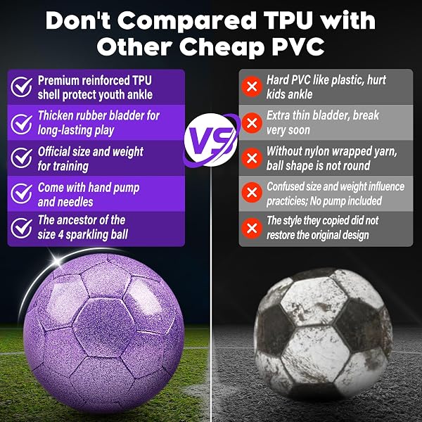 CHAMPHOX SIZE 4 SOCCER BALL GLITTER PINK – KIDS AGED 4-6 6-8 8-12 OUTDOORS SPORTS TRAINING BALL RECREATION PLAYING BALL TEENS GIRLS CHILDREN YOUTH BACK TO SCHOOL BIRTHDAY (GLITTER PURPLE, SIZE 4)