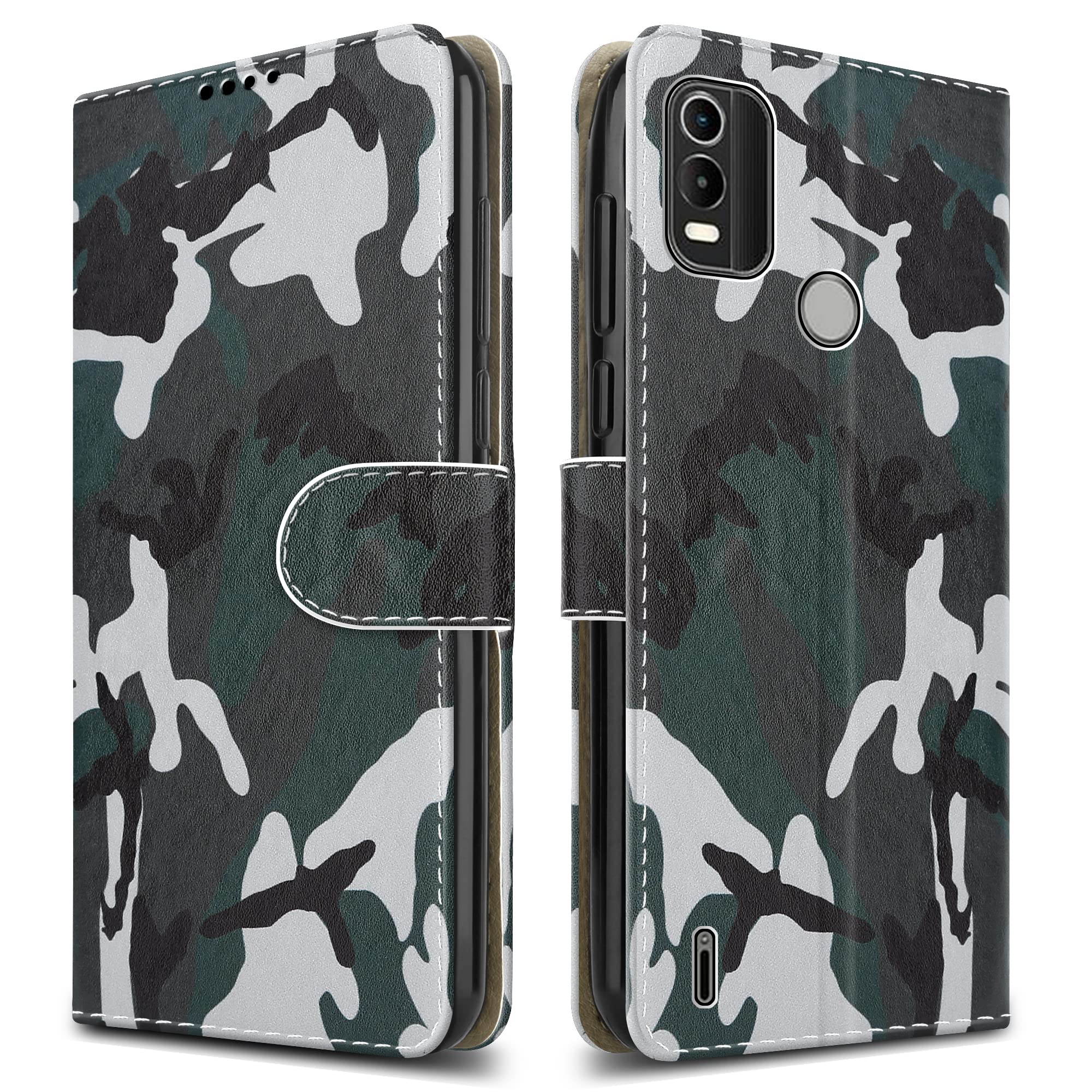 PIXFAB For Nokia C21 Plus Leather Phone Case, Magnetic Closure Full Protection Book Folio Design, Wallet Case Cover [Card Slots] and [Kickstand] For Nokia C21 Plus - Camouflage