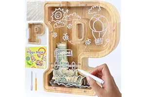 weallbuy Large Letter Piggy Bank for Kids Boys Girls Wooden Personalized Piggy Banks A-Z with Target Area Clear Alphabet Banknote Coin Banks for Gift Decoration Baptism (P)