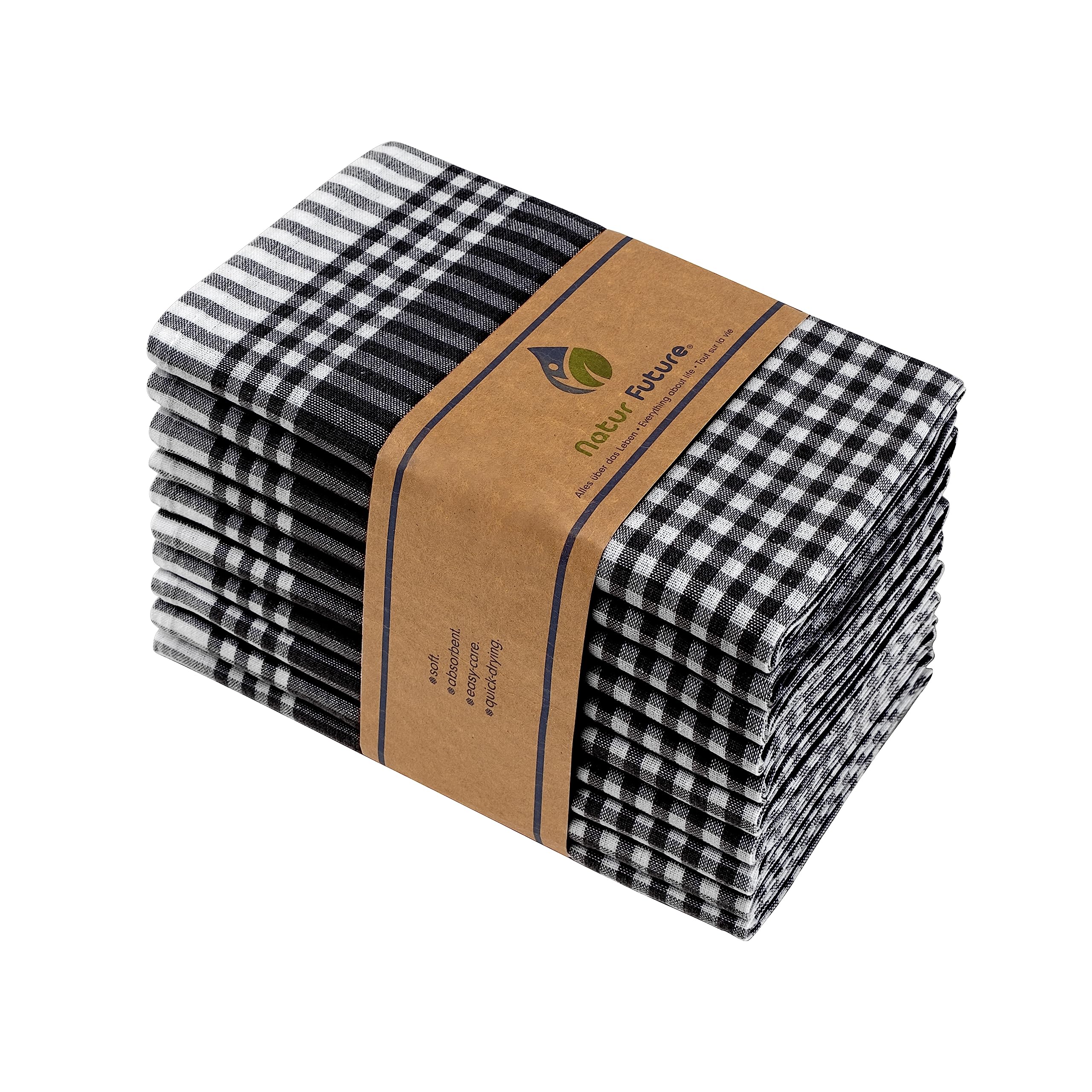 NATUR FUTURE Cotton Tea Towels for Kitchen | Set of 10 | 45 x 65 cm | Vintage Look Checked | Black