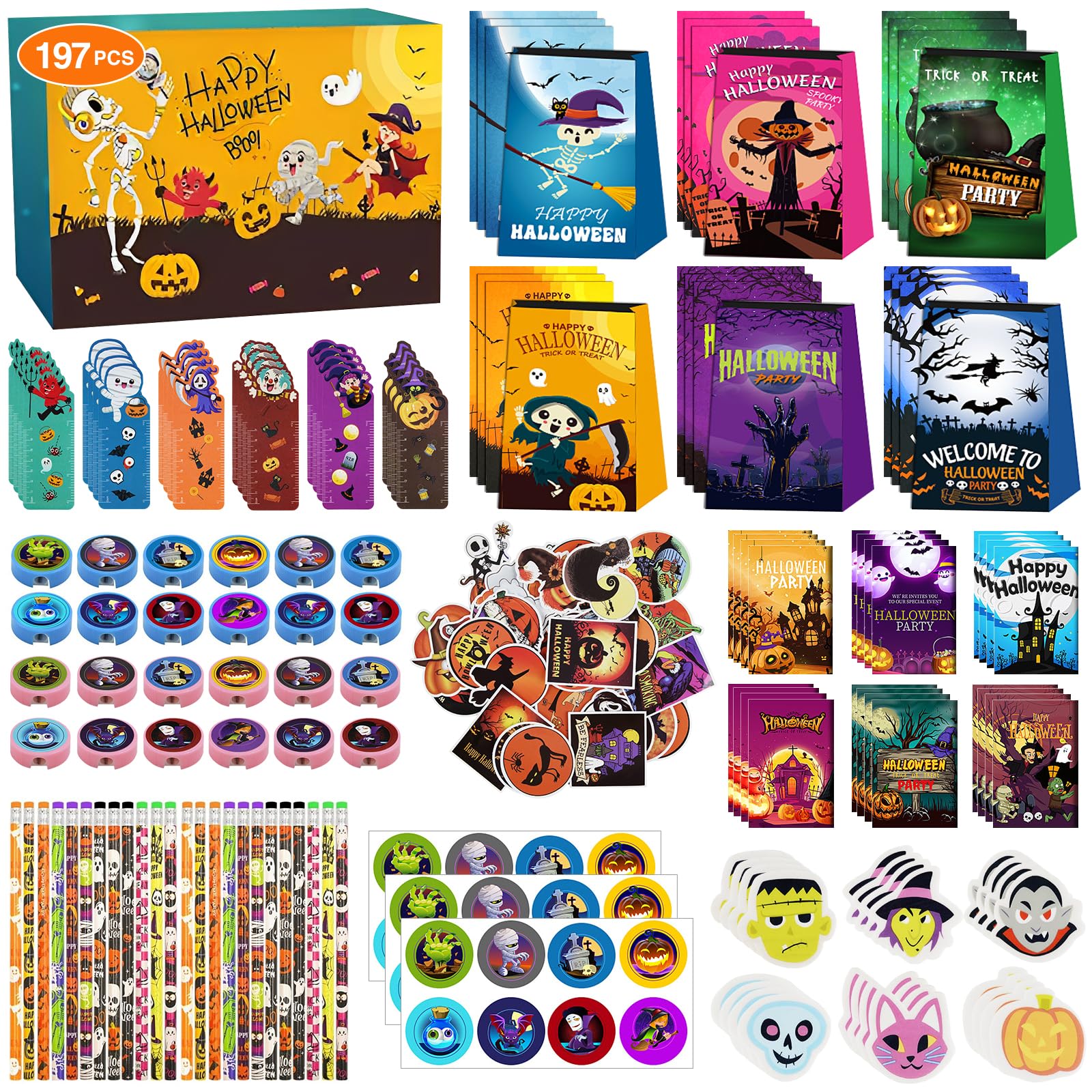 View 1 of 197 Pcs 24 Pack Halloween Party Favors for Kids, Halloween Stationery Set Assorted Goodie Bags Stuffers for Trick or Treat Classroom Prizes, Include Halloween Bags, Notepads, Pencils, Erasers, Rulers
