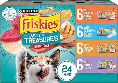 Purina Friskies Wet Cat Food Variety Pack, Tasty Treasures Prime Filets (With Chicken and Tuna, With Chicken, and With Ocean Fish and Tuna, and With Turkey) - (Pack of 24) 5.5 oz. Cans