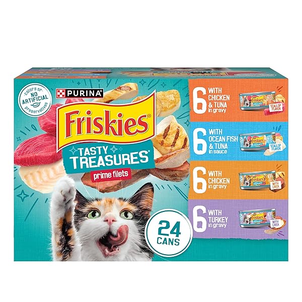 PURINA FRISKIES WET CAT FOOD VARIETY PACK, TASTY TREASURES PRIME FILETS (WITH CHICKEN AND TUNA, WITH CHICKEN, AND WITH OCEAN FISH AND TUNA, AND WITH TURKEY) – (PACK OF 24) 5.5 OZ. CANS