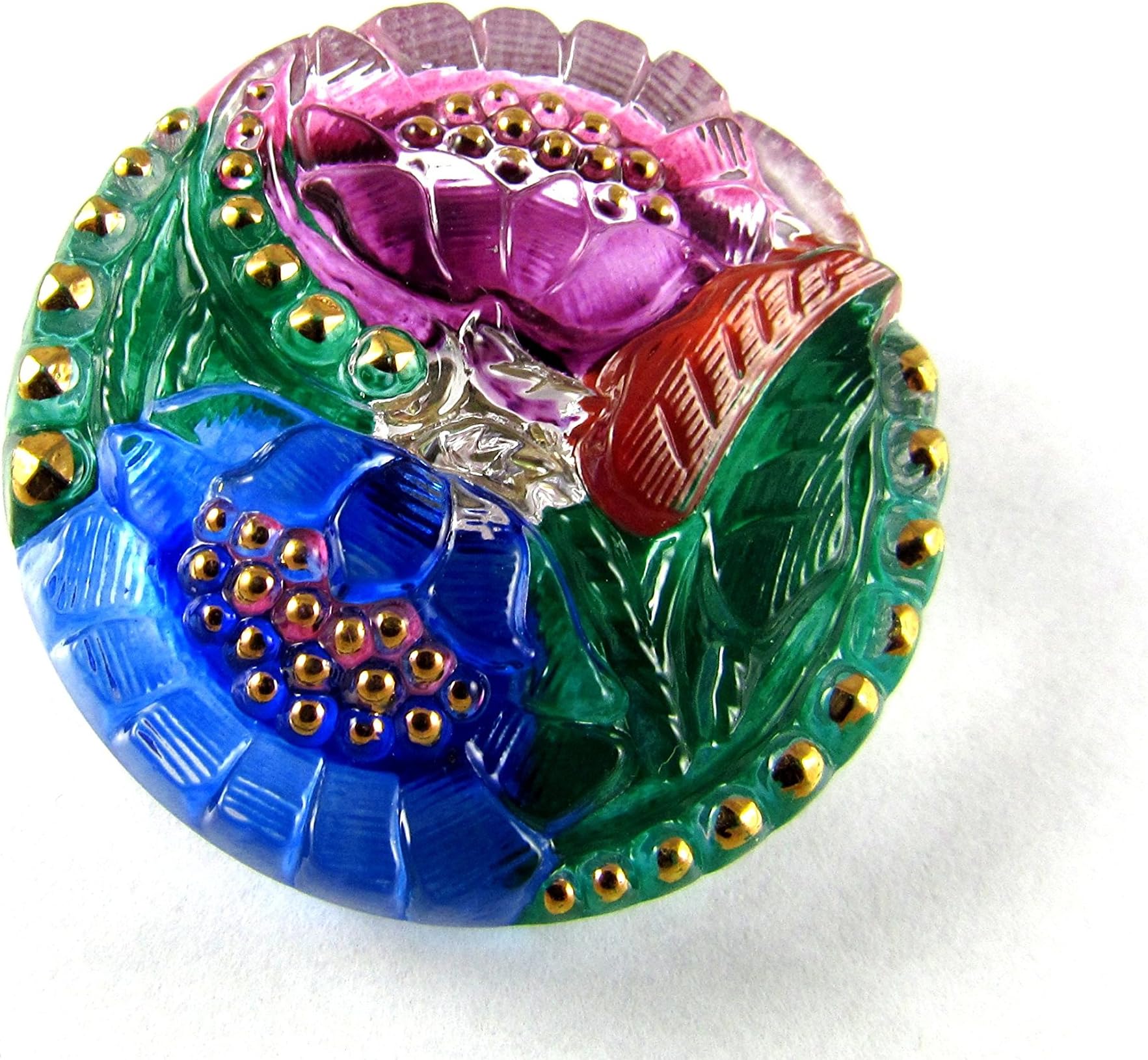1 pc Hand Made Art Czech Glass Button Size 12, 1.06 Inches (27 mm) Floral Design Pink-Blue