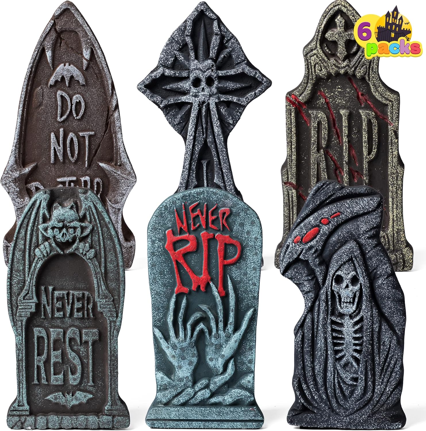 Decorative Garden Stakes - JOYIN 17” Halloween Foam Graveyard Tombstone, 6 Pack Headstone and Bonus Metal Stakes for Halloween Lawn Yard Decorations Outdoor Halloween Decorations