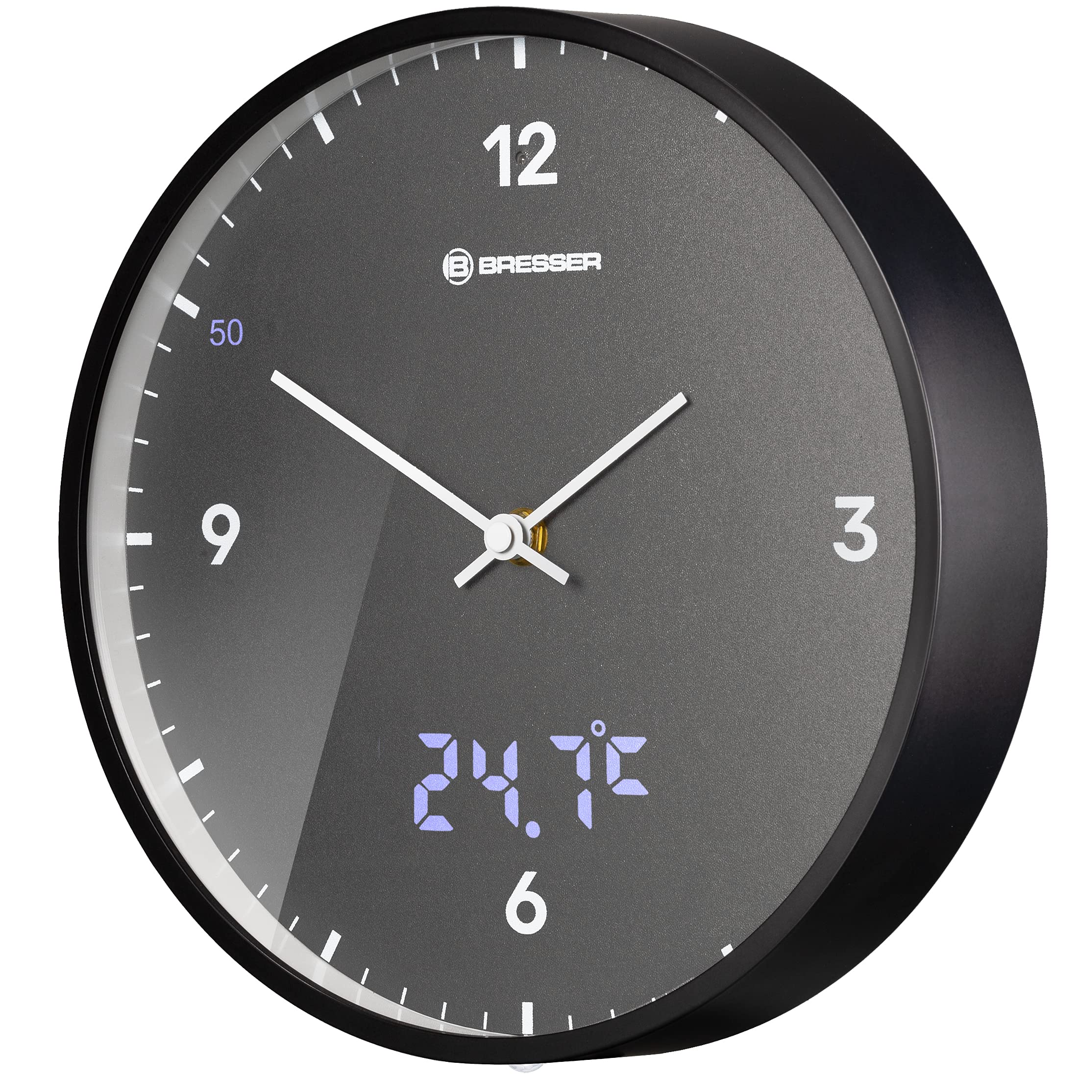 Bresser MyTime LEDsec Radio-Controlled Wall Clock with 24 cm Large Dial, LED Second Display, Indoor Temperature and Silent Radio-Controlled Clockwork, Anthracite