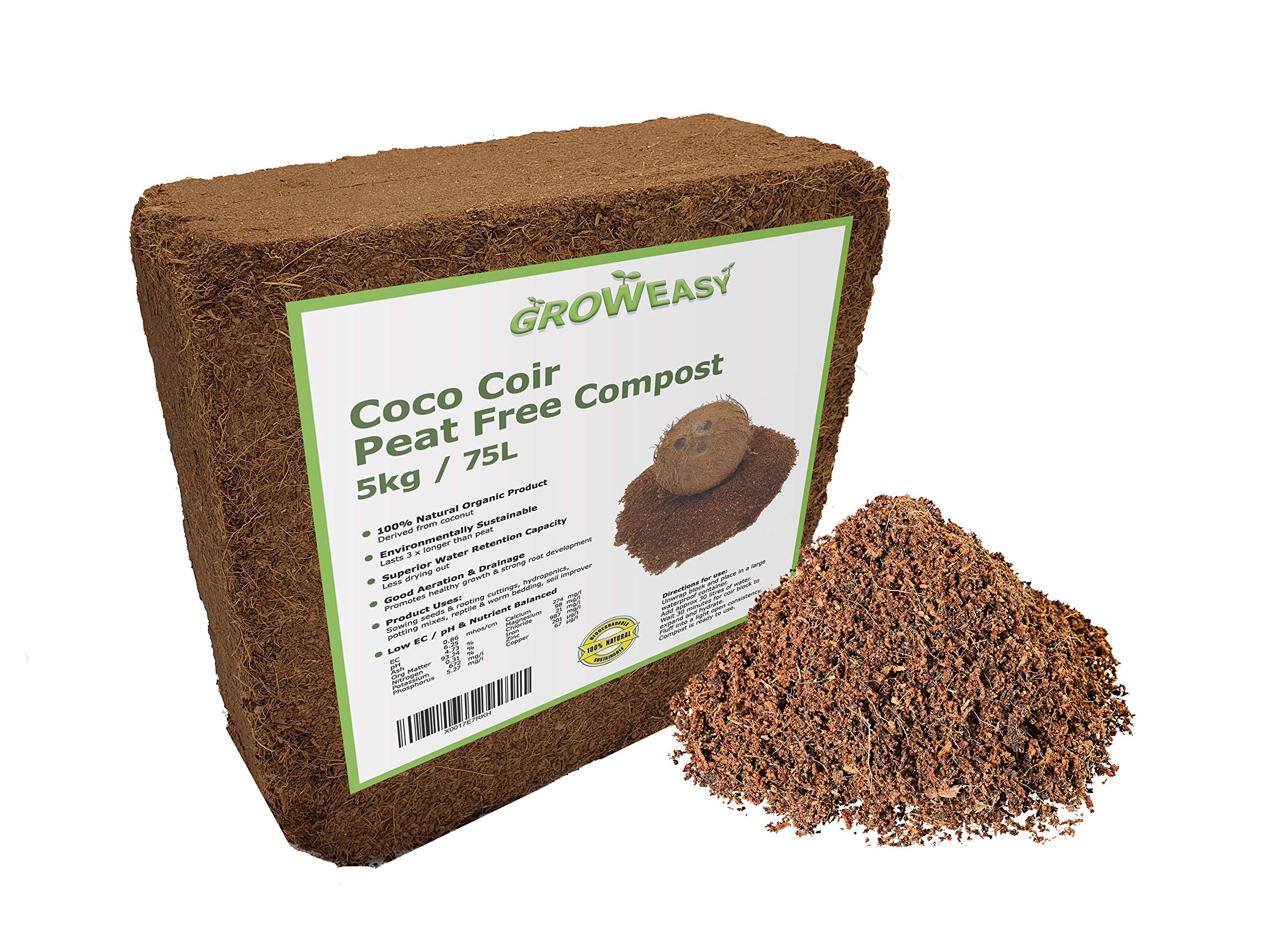 Buy GROWEASY Coco Coir Block. 100 Natural Coconut Fibre. 5Kg / 75lts. 30cm x 30cm x 10cm. Low