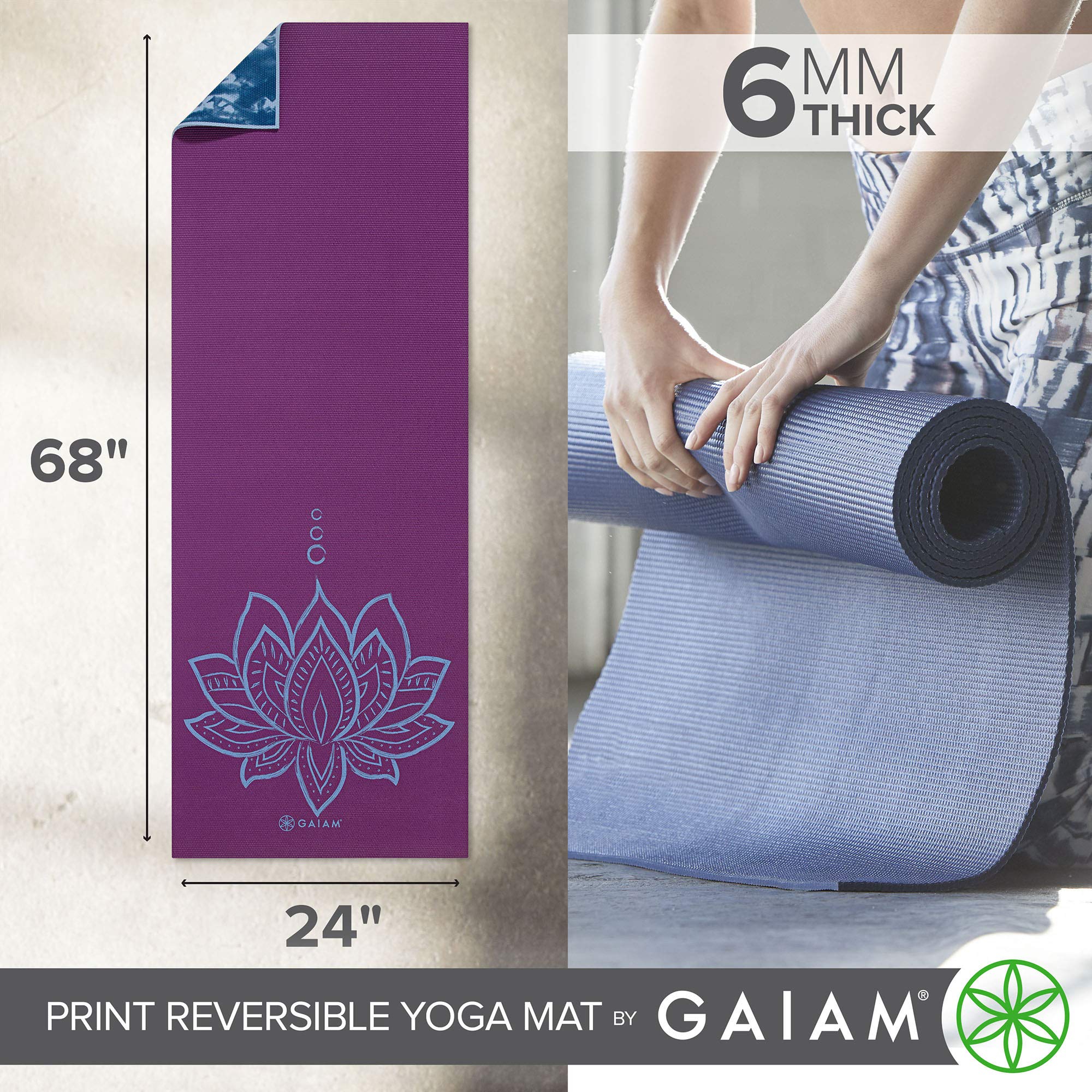 Gaiam Yoga Mat - Premium 6mm Print Reversible Extra Thick Non Slip Exercise & Fitness Mat for All Types of Yoga, Pilates & Floor Workouts (68