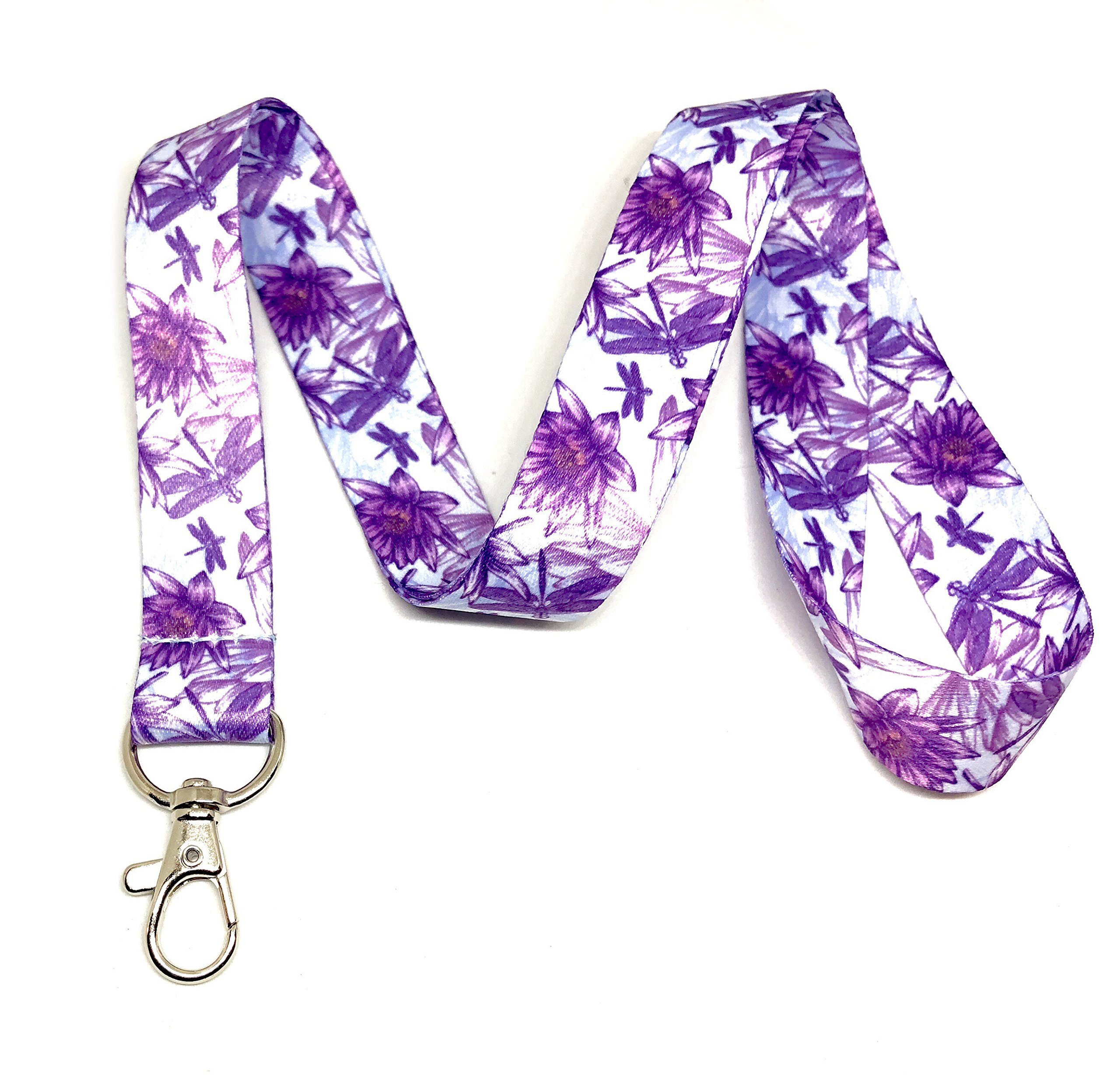 Dragonflies & Lotus Flowers Print Lanyard Key Chain Id Badge Holder