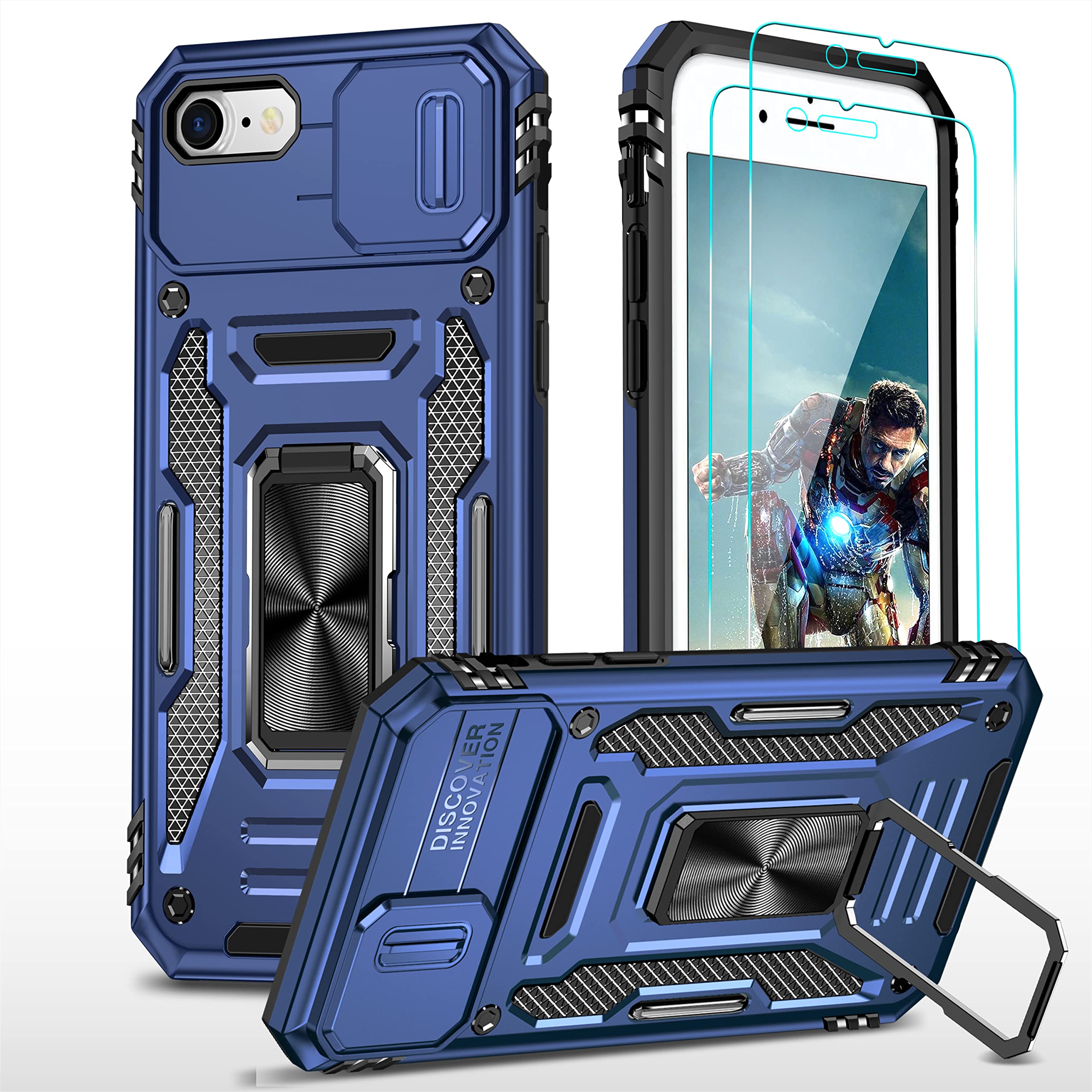YmhxcY for iPhone SE 3 2022 Case,iPhone SE 2020 Case, iPhone 8/7 Case, iPhone 6/6S Case and Military-Grade Explosion-Proof Screen Protector [2 Packs] 360° Can Rotate Stand-Blue