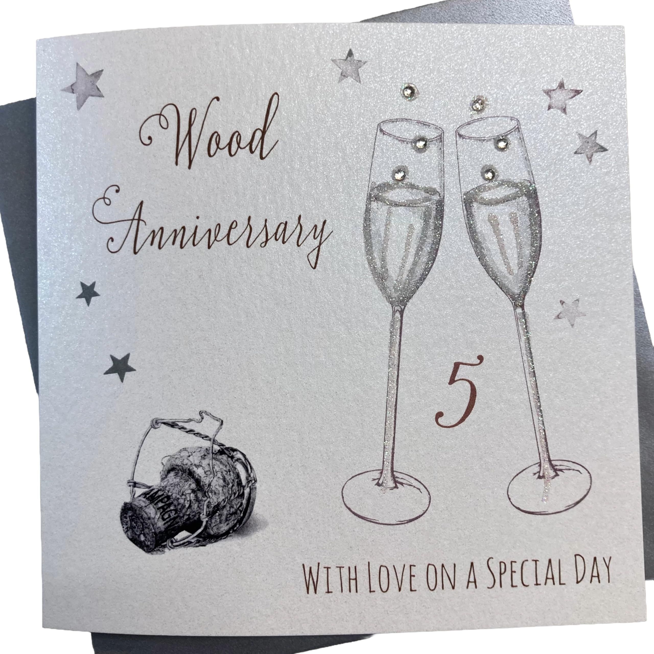 white cotton cards Champagne Glasses Wood Handmade 5th Anniversary Card, White, WA5
