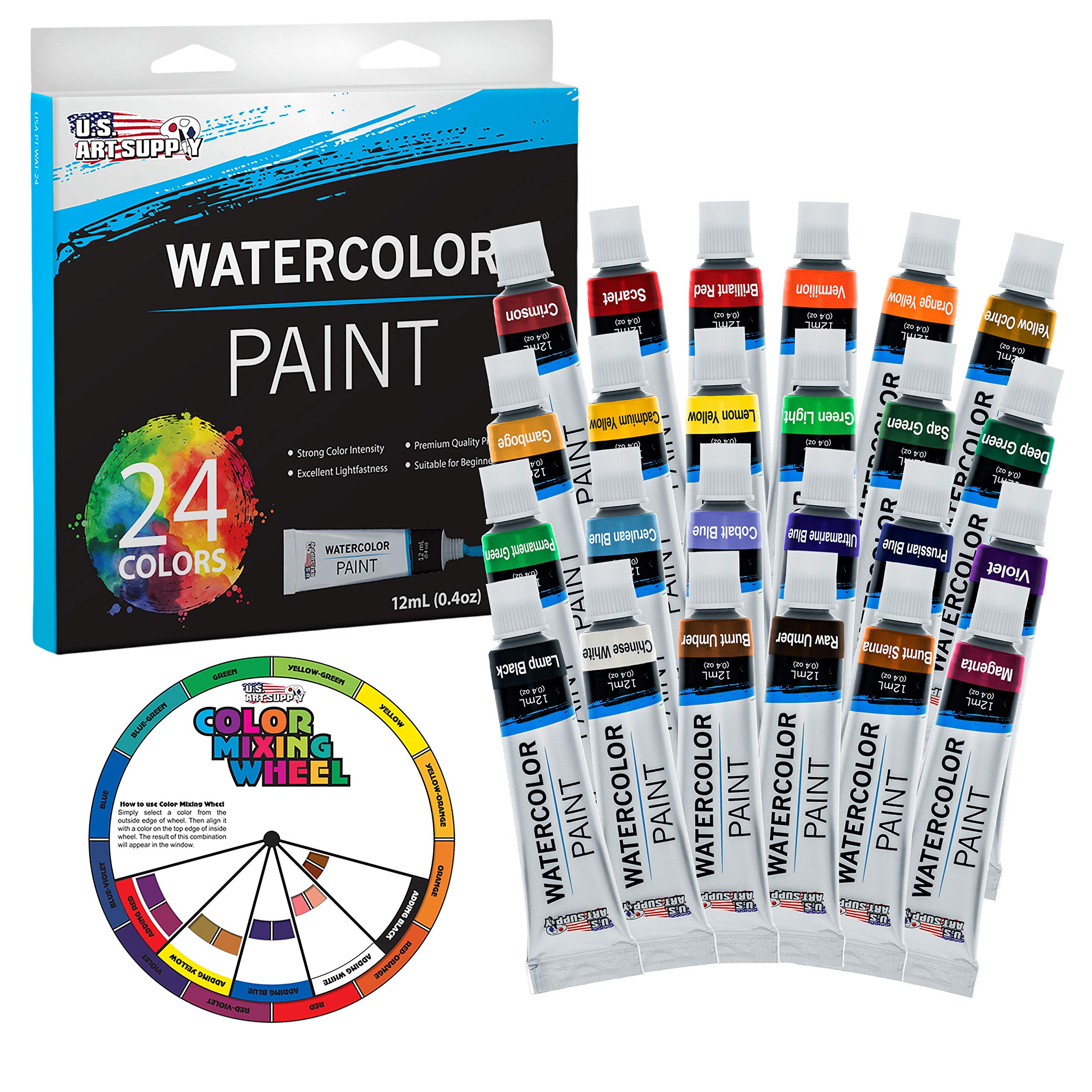U.S. Art Supply 12ml Water Colors Paint Set, Professional Watercolor Paint Tubes, 24-Color Watercolor Tubes Set, Vibrant Pigments in Durable Aluminum Tubes for Artists