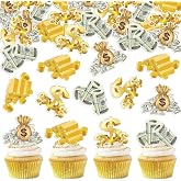 40Pcs Edible Riches Money Cupcake Topper Edible Pre-cut Dollar Gold Cupcake Picks for Banker Financier Wealthy Birthday Party Cupcake Decorations Bank Holiday Finance Gold Theme Party Decors Supplies