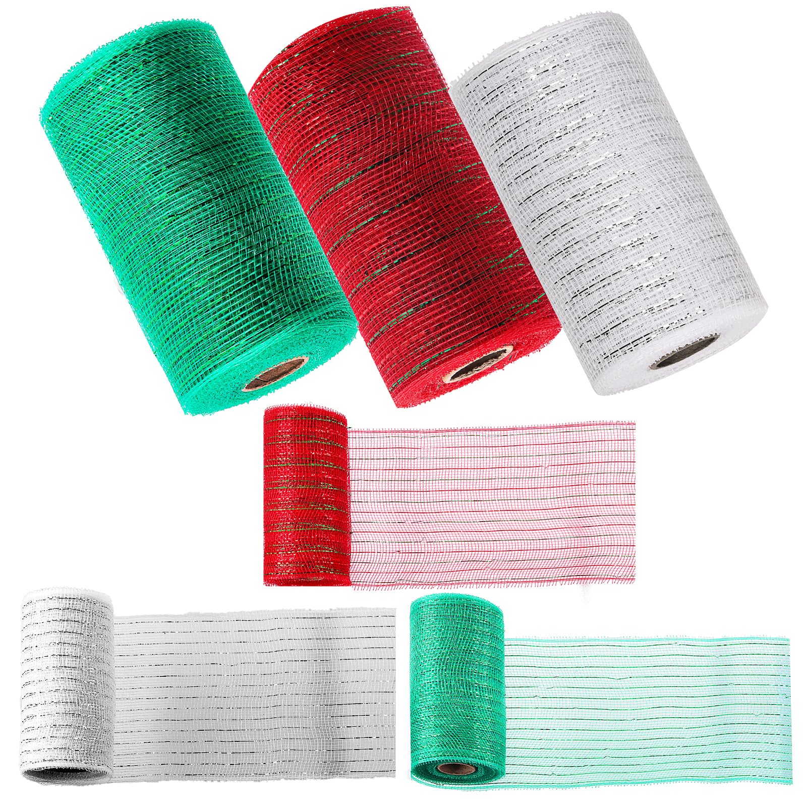Swpeet 3 Rolls 6 Inches Mesh Ribbon Kit - Glitter Tulle Fabric Spool Metallic Foil Mesh Ribbon for DIY Projects, Wreaths, Parties & Crafts