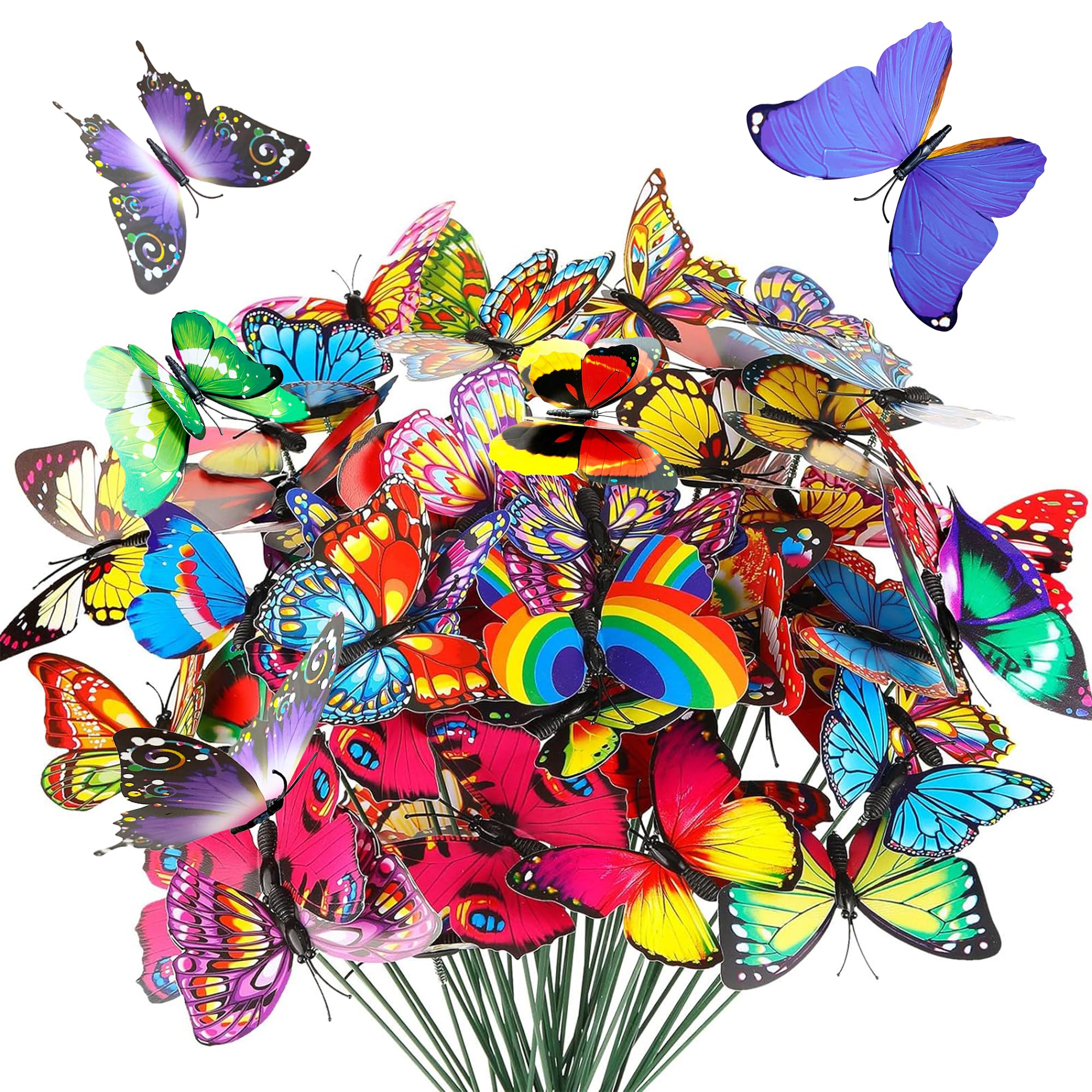 Attuslla 50 PCS Butterfly Garden Stakes, Colorful Butterflies on Sticks Garden Ornaments Indoor Outdoor Yard Garden Flower Pot Decoration, Miniature Fairy Garden Decoration