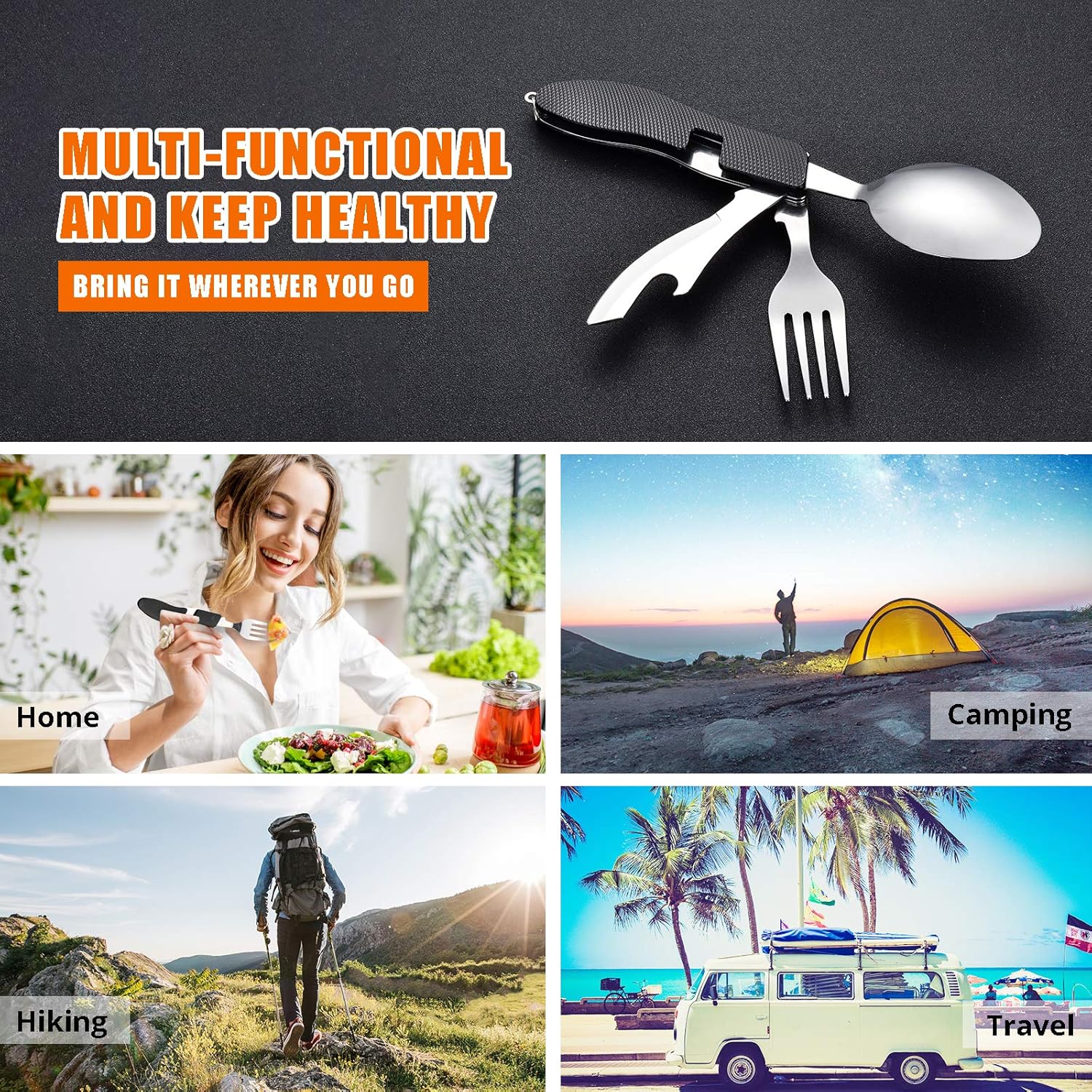 Hikenture Camping Utensils with Case 4-in-1 Folding Flatware Stainless Steel Fork Knife Spoon Bottle Opener Travel Cutlery Hobo Multitool Set(Black 2 Pack) : Sports & Outdoors