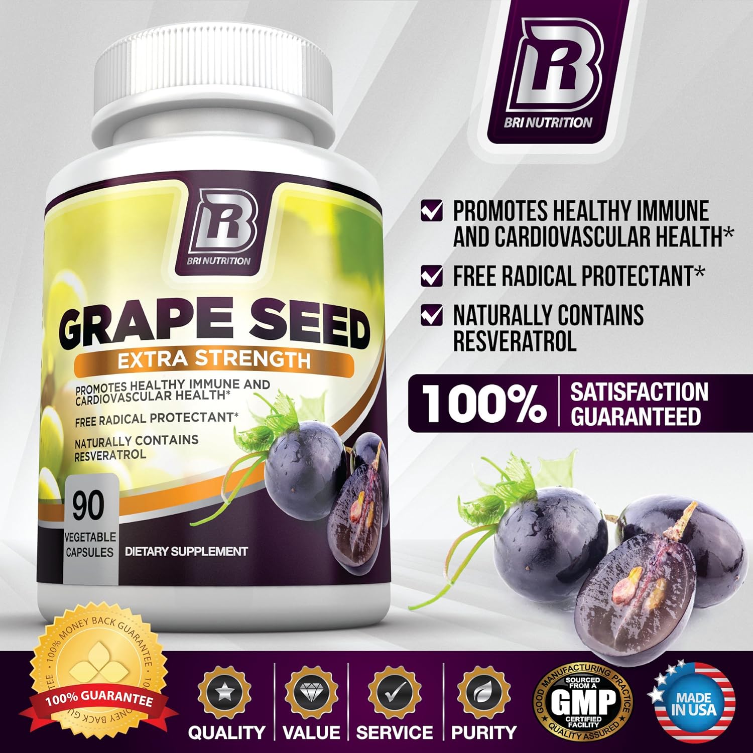 BRI Nutrition Grapeseed Extract - 400mg Maximum Strength 95% Proanthocyanidins Standardized Extract - Immune System Booster & Antioxidant for Heart, Brain, Bone & Skin Health - 90 Veggie Capsules: Health & Personal Care