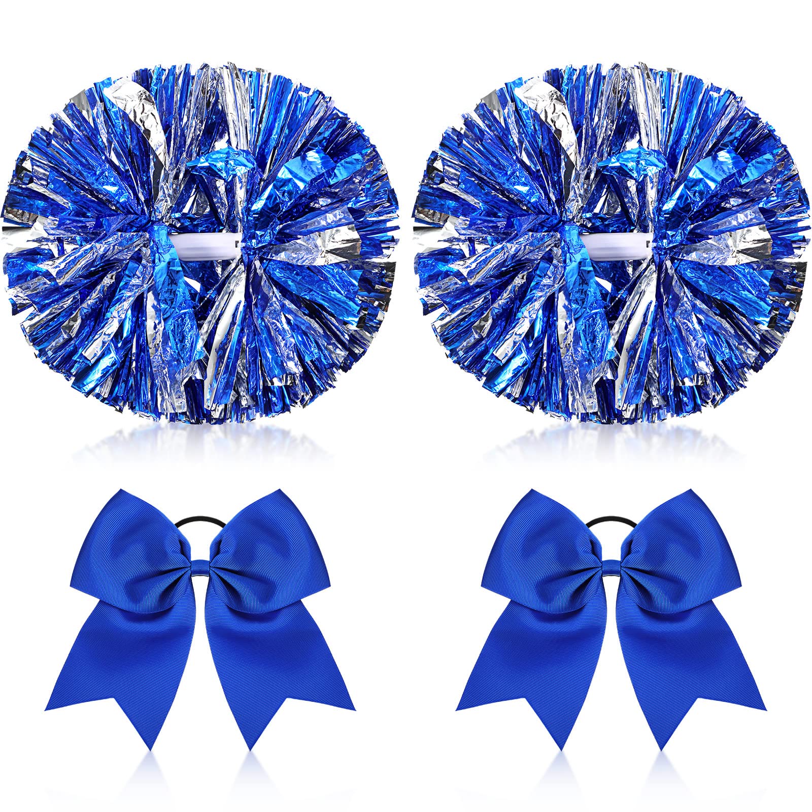 Photo 1 of Canlierr 4 Pcs Cheerleading Pom Poms with Baton Handle and Cheerleader Hair Bows, 14 Inch Metallic Cheer Supplies for School Team Spirit Sports Dance Cheering(Blue)