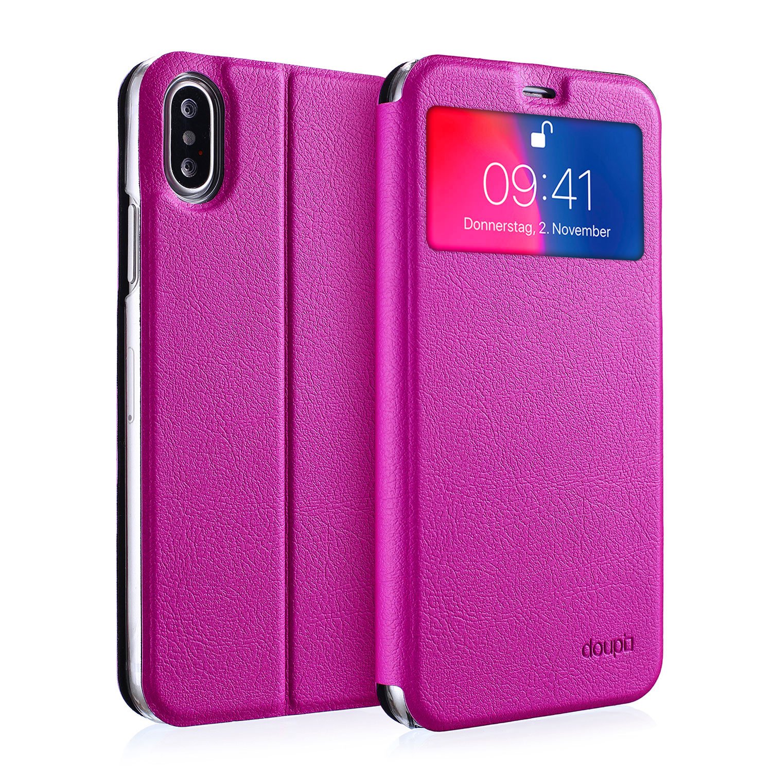 doupi Flip Cover for iPhone X/Xs 5.8 inch, with Viewing Window Magnet Protective Flip Case BookStyle Screen Protector Stand, red pink — image 1