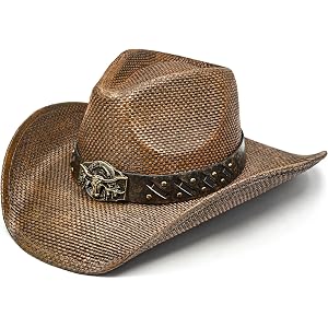 FLUFFY SENSE. Cowboy Hats for Women and Men - Distressed Straw Western Hat with Shapeable Brim for Cowboys and Cowgirls