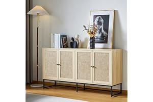 QEIUZON Modern Sideboard Cabinet, Accent Storage Cabinet with Rattan Doors and Adjustable Shelves, Freestanding Sideboard Storage Cabinet for Kitchen Dining Living Room Office (Natural)