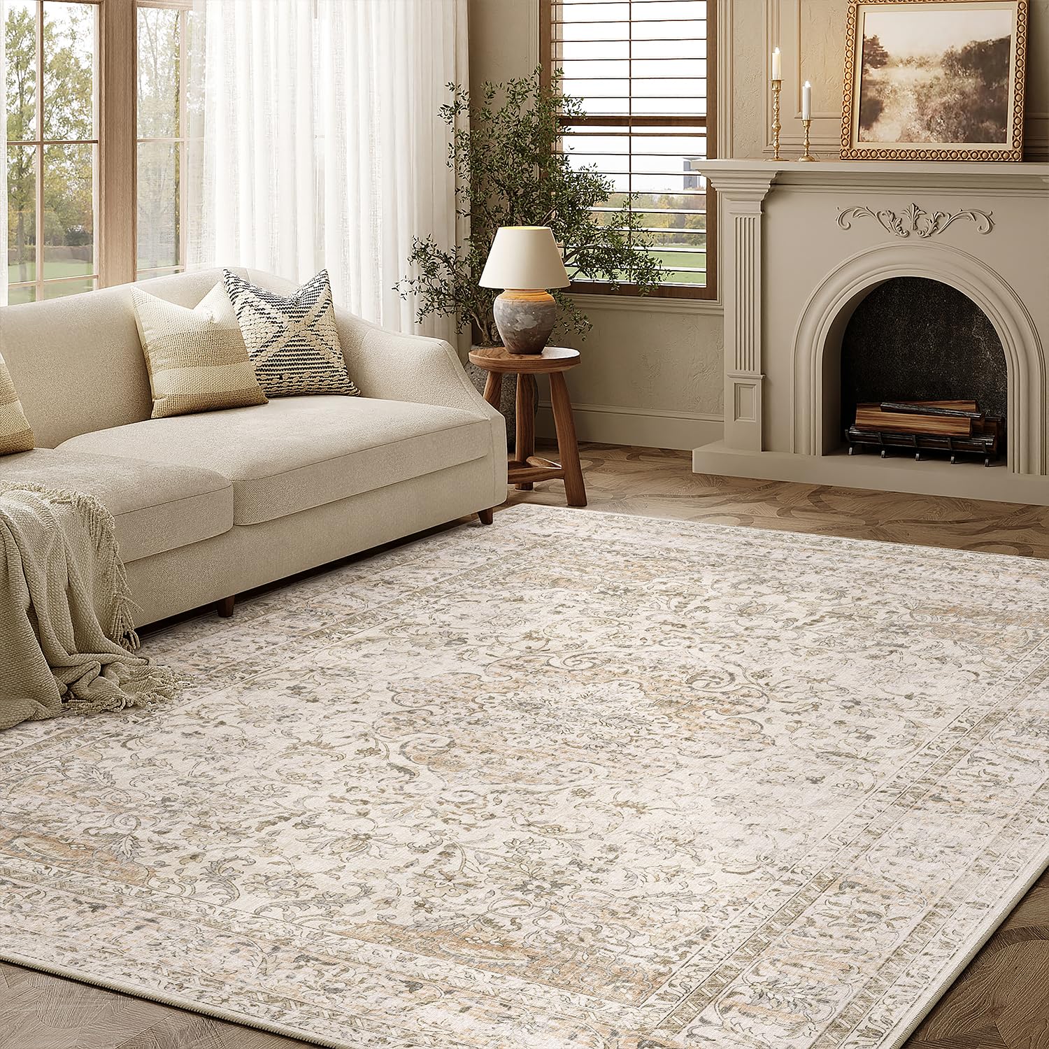 WondRg 5x7 Washable Beige Vintage Area Rug for
