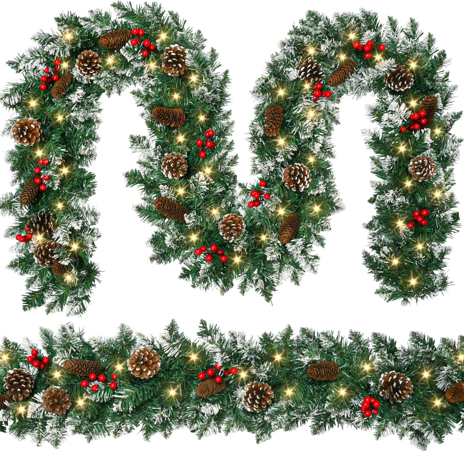 Wreaths, Garlands & Swags - 9 FT Christmas Garland with Lights,Battery Operated Lighted Garland with Pine Cones Red Berries Lush Branches,50 LED Lights 8 Modes,Christmas Decor Mantle Fireplace Indoor Outdoor Home