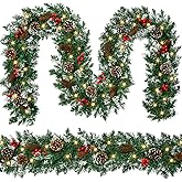 9 FT Christmas Garland with Lights,Battery Operated Lighted Garland with Pine Cones Red Berries Lush Branches,50 LED Lights 8 Modes,Christmas Decor Mantle Fireplace Indoor Outdoor Home