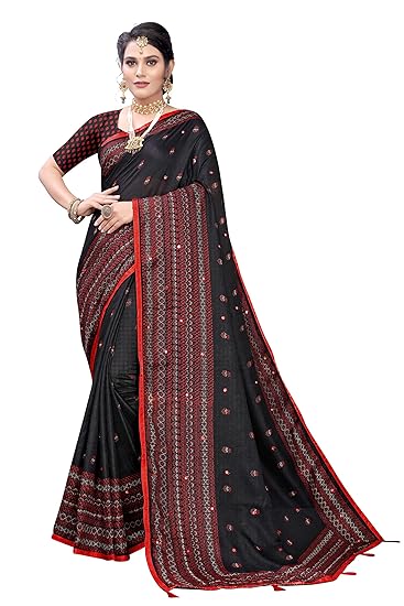Women's Jute Silk Printed Mirror Embroidery Saree With Blouse