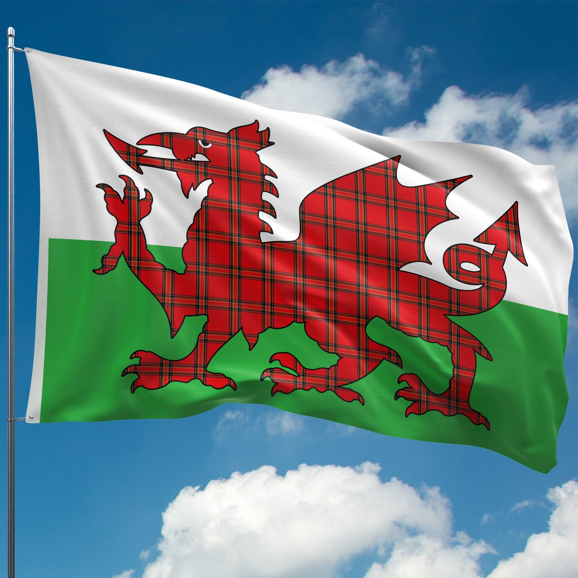 Welsh Flag Dragon Tartan - Wales Flag - Wales Dragon - Double-sided Digital Print - 110Den Thick polyester - Double Seam - 2 brass eyelets, large 5ft x 3ft